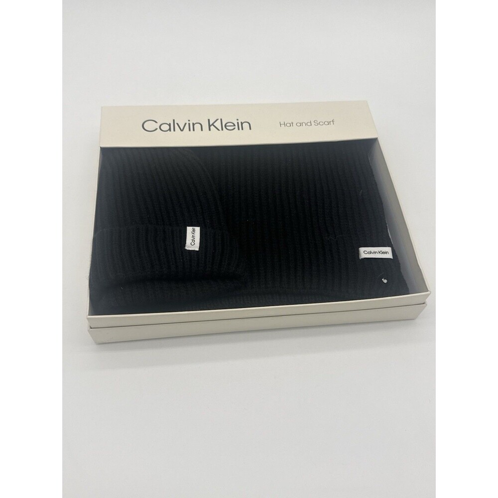 CALVIN KLEIN MENS "CUFFED" WINTER BEANIE HAT & SCARF SET (O/S) NWT BLACK RIBBED